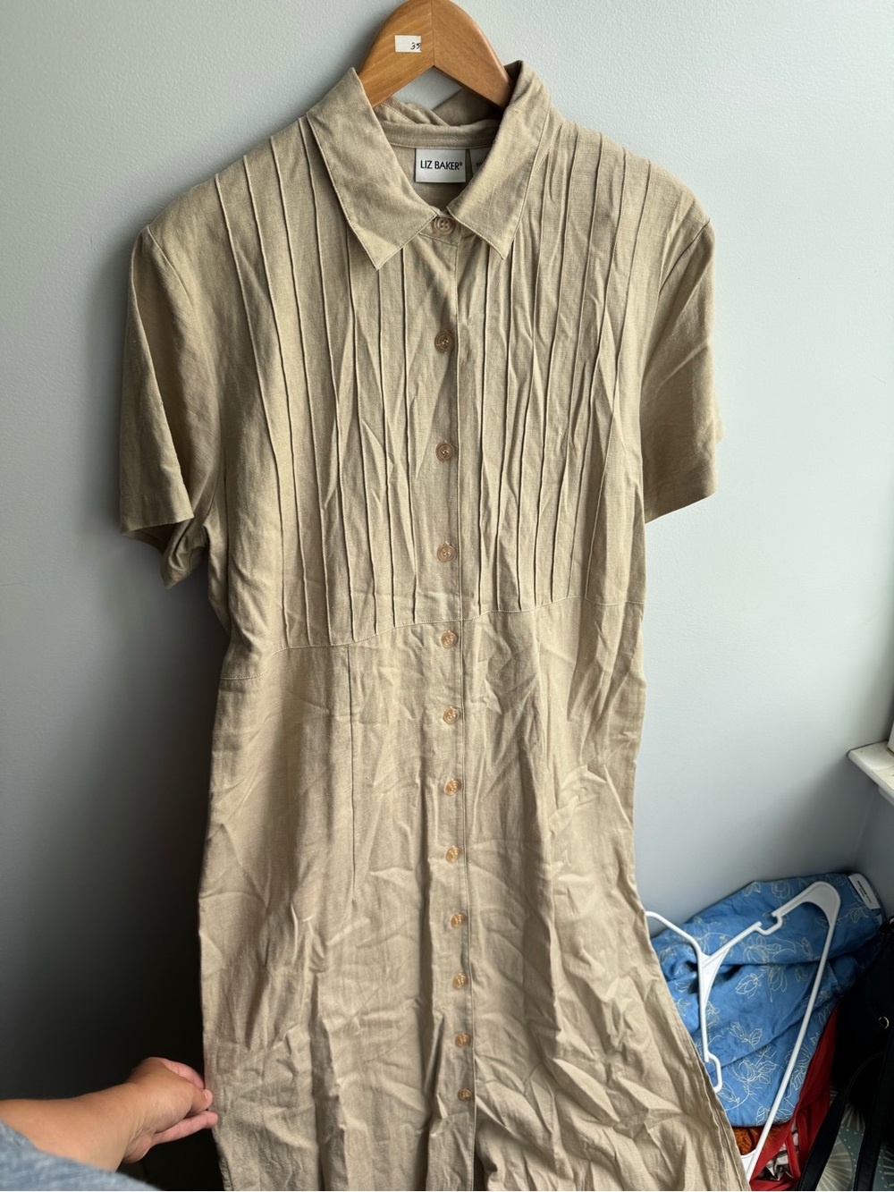 Linen Blend Liz Baker Short Sleeve Tan Button-Up Dress